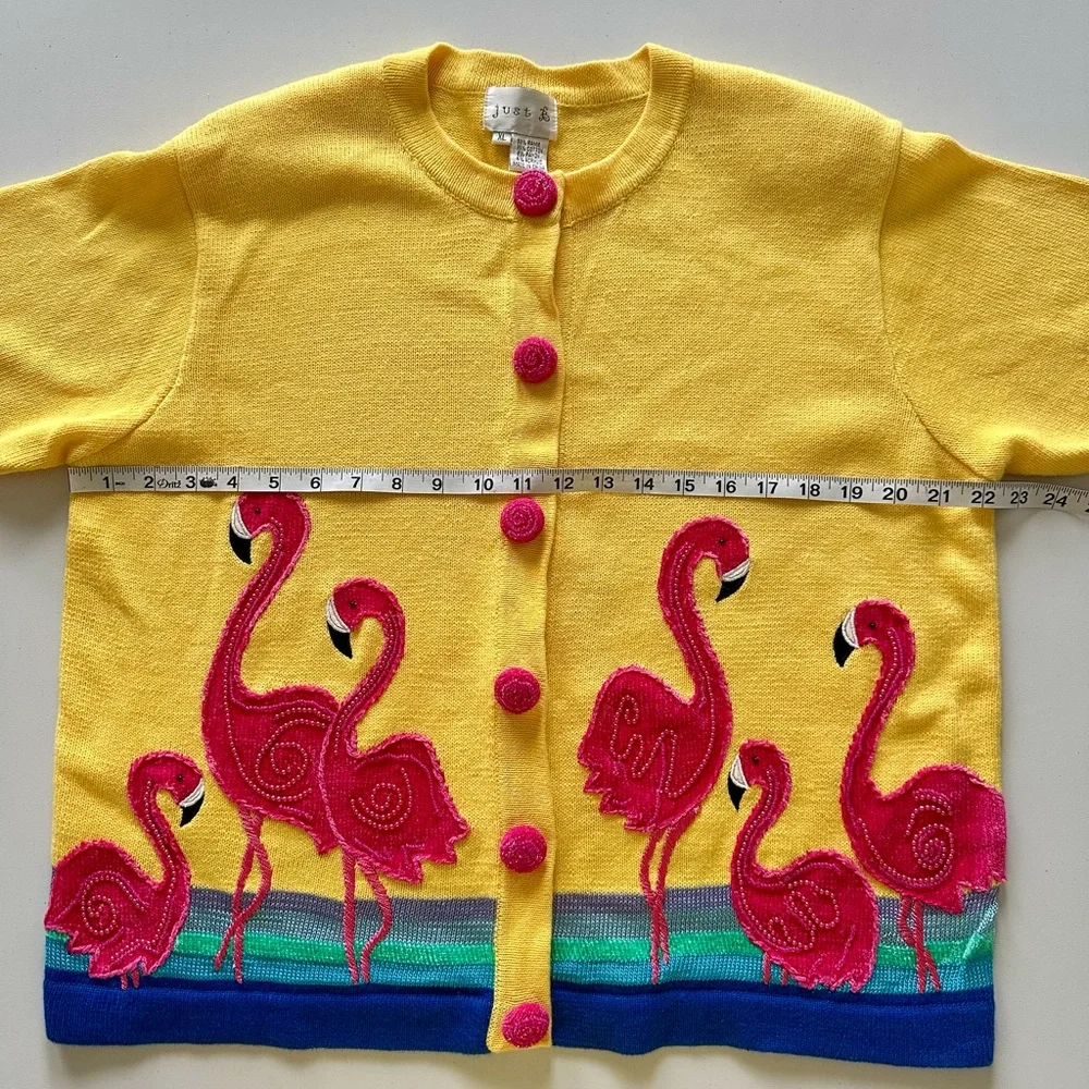 Just Be Yellow Pink Flamingo Button Down Shirt /sweater - Picture 4 of 9